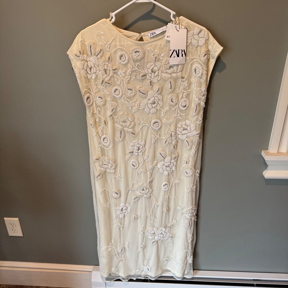 NWT $229 Zara Floral Boho Embroidered Beaded  Wedding Dress Small Cream Sequin